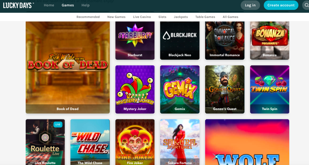 Game Selection of lucky days casino